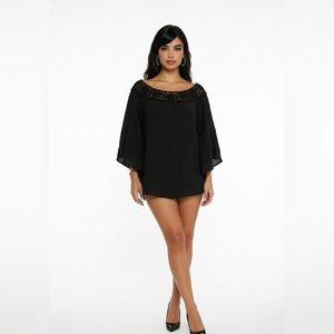 Sami & Jo Black Lace Trim Cape Sleeve Flowy Blouse - Size Large